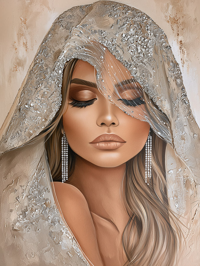Elegante wanddecoratie portret van een Spaanse dame met een zilveren mantilla sluier en lange oorbellen