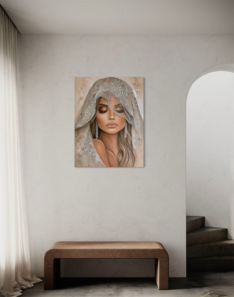 Spaanse Dame met Mantilla kunstwerk als sfeervolle en luxueuze wanddecoratie aan de muur in een woonkamer