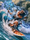 Epische anime en manga art wanddecoratie van Surfing Zeus op een surfboard tussen bliksem en woeste golven