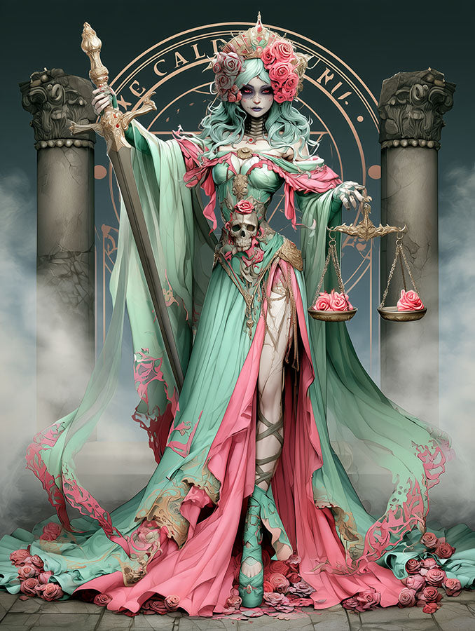 vrouwe justitia getooid in een weelderig gewaad van pastelgroene en zachte roze tinten, rijkelijk versierd met sierlijke rozen en macabere details zoals een centrale schedel